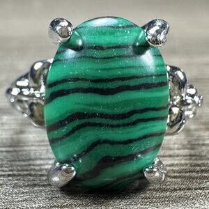 Sterling Silver 925 Green Wave Pattern Gemstone Ring Oval Bold Size 6.5